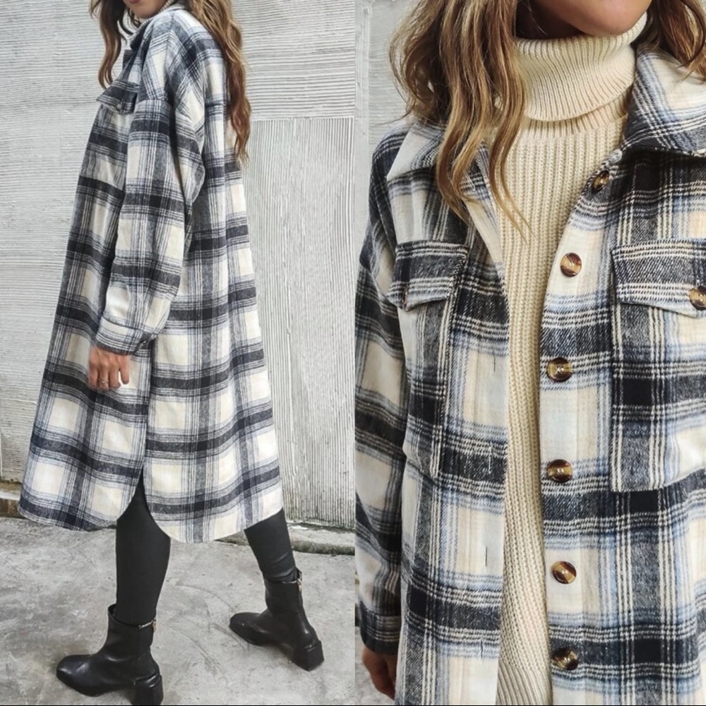 Cozy plaid Long button up jacket Shacket pockets oversized - Picture 4 of 5